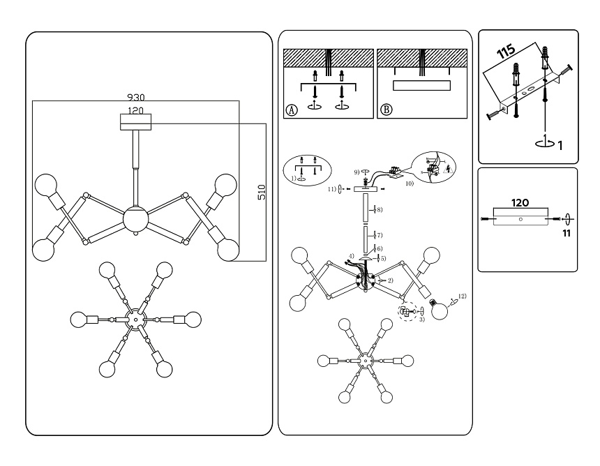 TR80488/6 BK/LW черный/светлое дерево E27/6 max 60W D930*510